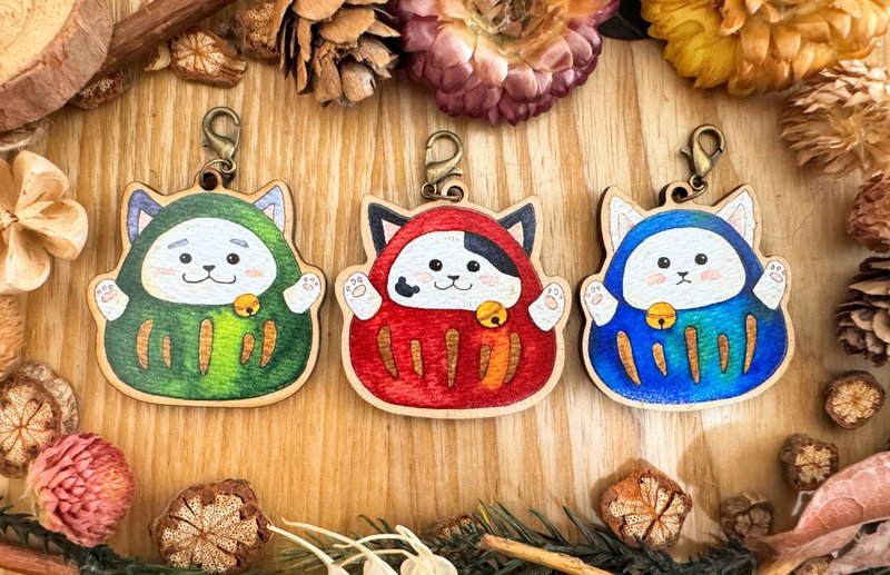 Mr.307 Mr. Xiaoqi_ Daruma cat series pendant_Daruma - พวงกุญแจ - ไม้ สีน้ำเงิน