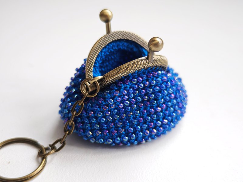 Coin purse, keychain, blue crochet purse, clasp purse, beaded purse - 零錢包/小錢包 - 其他材質 藍色