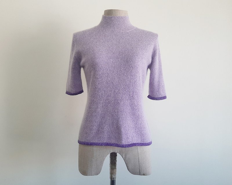 XS Small Vintage Purple Metallic Angora Sweater Womens Short Sleeve Knit Top - 女毛衣/針織衫 - 其他材質 紫色