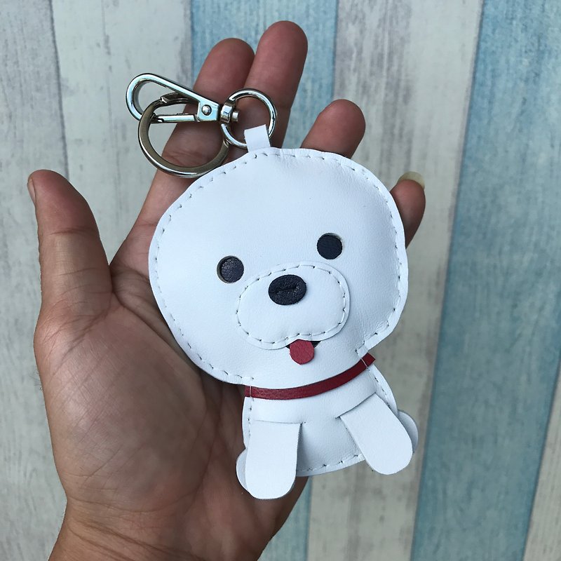 Handmade leather white cute puppy handmade sewn leather charm large size - Keychains - Genuine Leather White