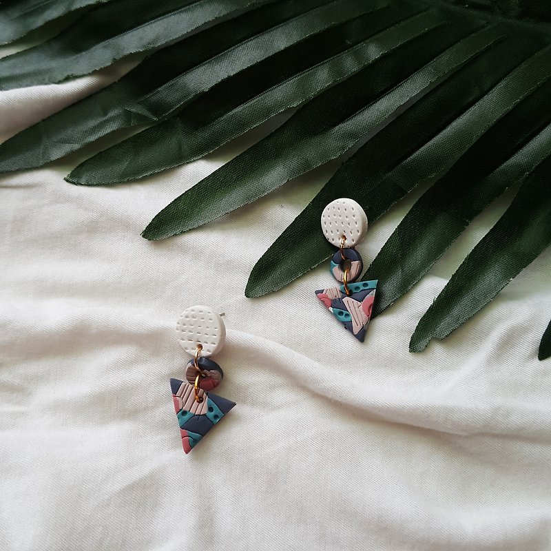 Navy Series - Japanese kimono color geometric triangle hand made earrings / earrings / ear / ear - Earrings & Clip-ons - Clay Multicolor