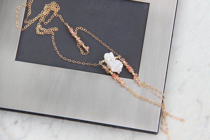 White Quartz Bohemian 14KGF Long Chain / Druzy gemstone - Necklaces - Gemstone White