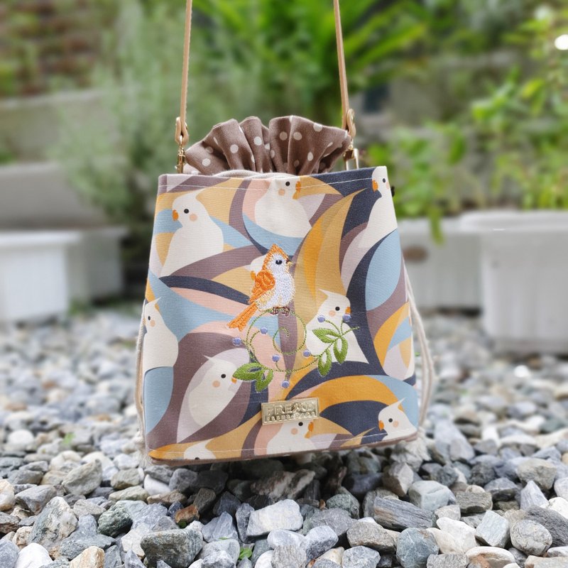 Little parrot leather strap small bucket bag - Messenger Bags & Sling Bags - Cotton & Hemp Multicolor