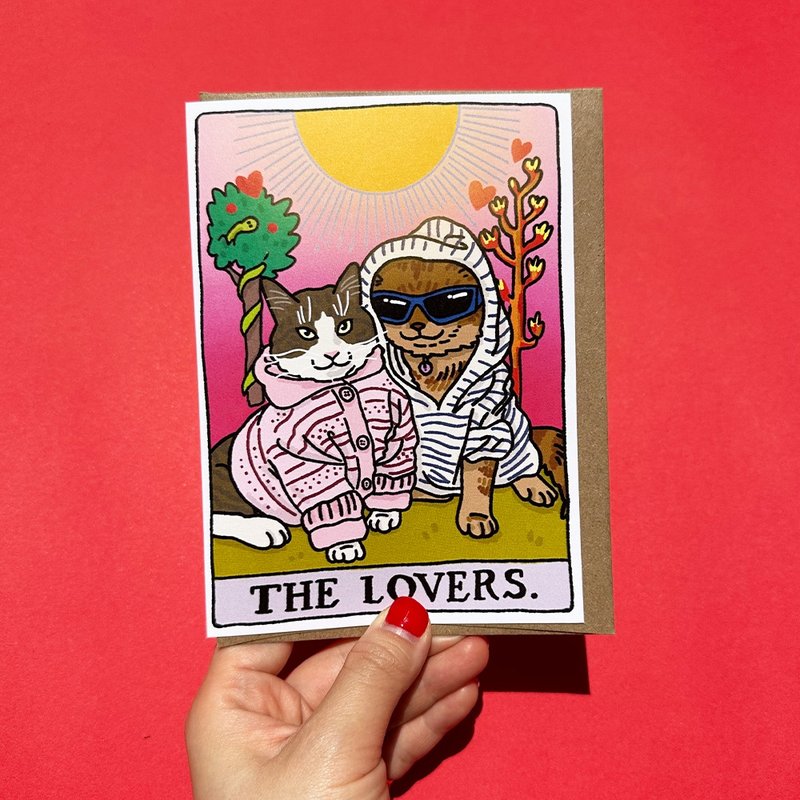 การ์ดอวยพรลายแมว The Lovers Tarot Cat Cute Valentines Day Anniversary Couple Cat - การ์ด/โปสการ์ด - กระดาษ 