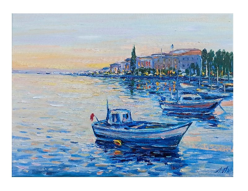 Boat Oil Painting Original Seascape Artwork 船油畫原創藝術 - Posters - Cotton & Hemp Blue
