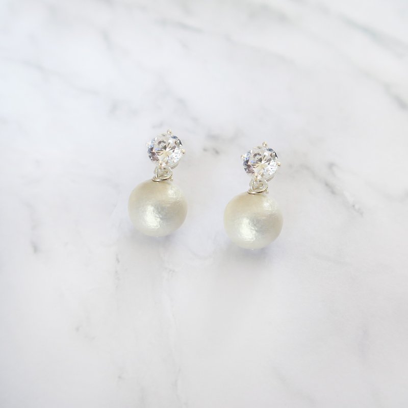 925純銀 鋯石 日本棉珍珠 耳針 耳環 耳夾-一對 - 耳環/耳夾 - 純銀 白色