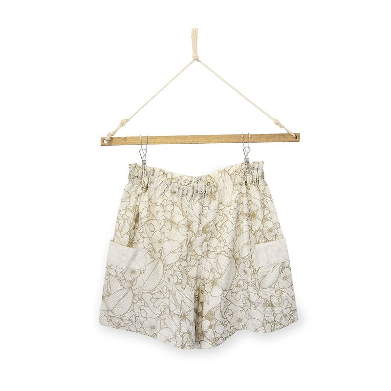 Printed Easy Shorts | Handmade in Hong Kong - กางเกงขาสั้น - ผ้าฝ้าย/ผ้าลินิน ขาว