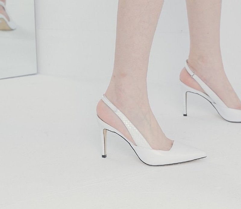 Curved streamline pointed thin belt high-heeled leather sandals white - รองเท้ารัดส้น - หนังแท้ ขาว