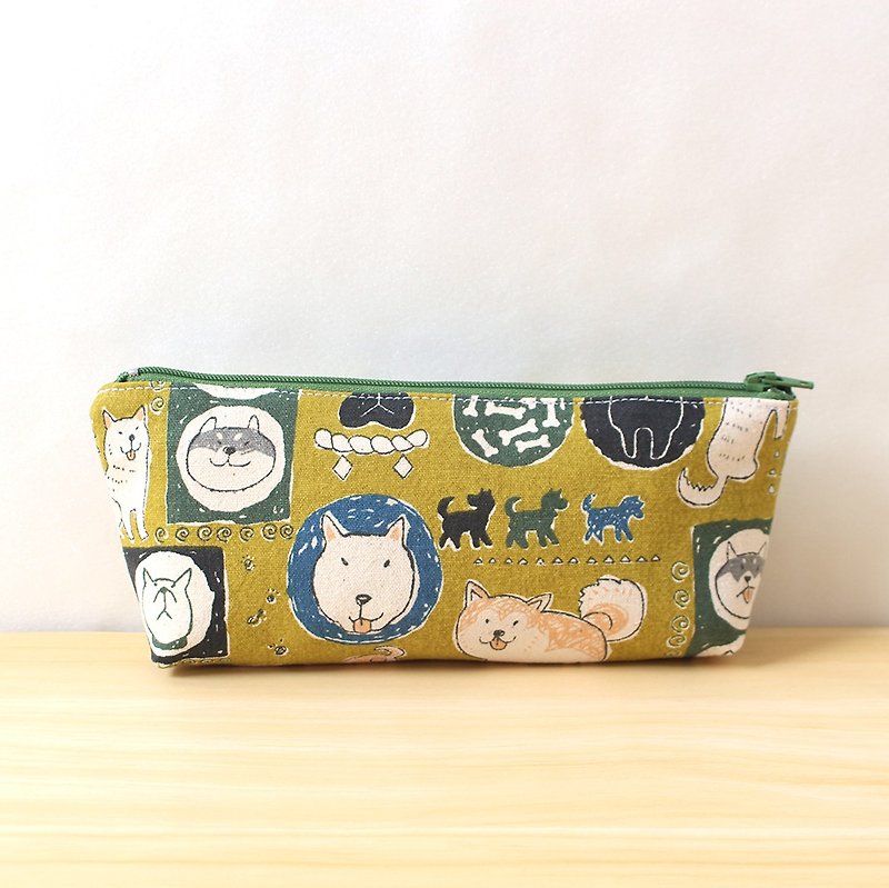 Illustration Shiba Inu Pen Bag - Green (Medium) / Storage Bag Pencil Case Cosmetic Bag - กล่องดินสอ/ถุงดินสอ - ผ้าฝ้าย/ผ้าลินิน สีเขียว