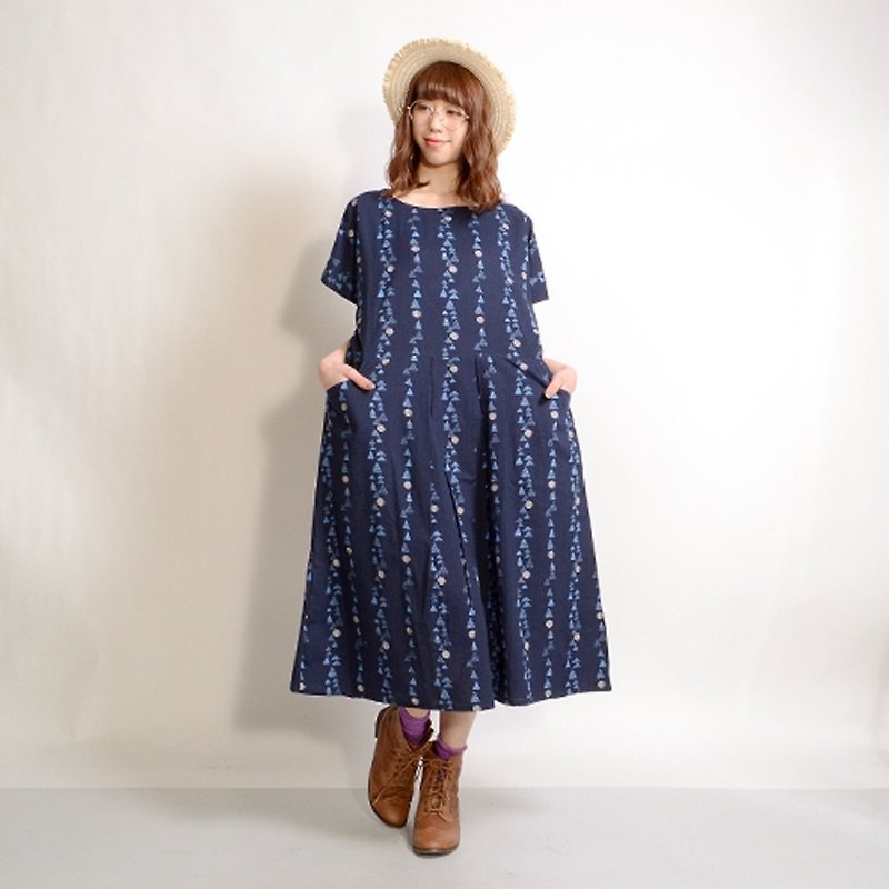 Kika pattern stripe waist change short sleeve one piece - One Piece Dresses - Cotton & Hemp Blue