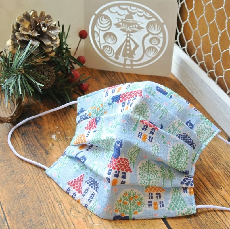 可洗滌、舒適且可愛的手工立體口罩 Brick house × Cats Blue - 口罩/口罩收納套 - 棉．麻 藍色