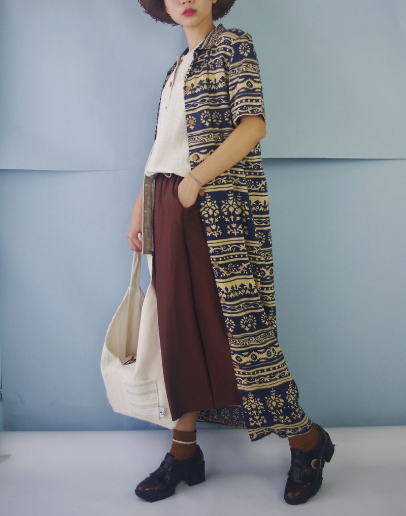 Treasure Hunt Vintage - Tribal Printed Camel Cotton Long Shirt Dress - เสื้อเชิ้ตผู้หญิง - ผ้าฝ้าย/ผ้าลินิน สีกากี