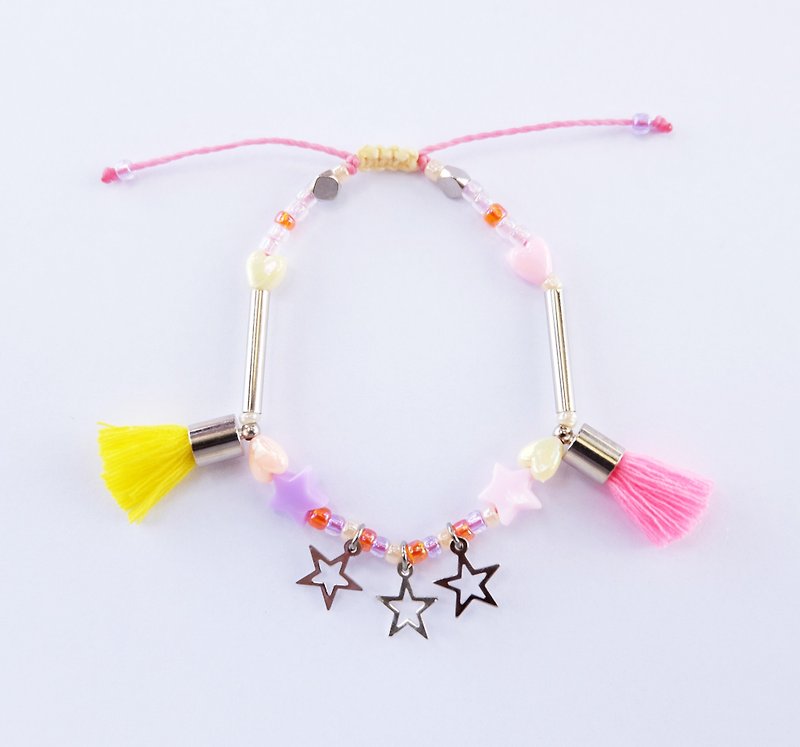 String bracelet with neon pink/yellow tassel and star - 手鍊/手鐲 - 其他材質 黃色