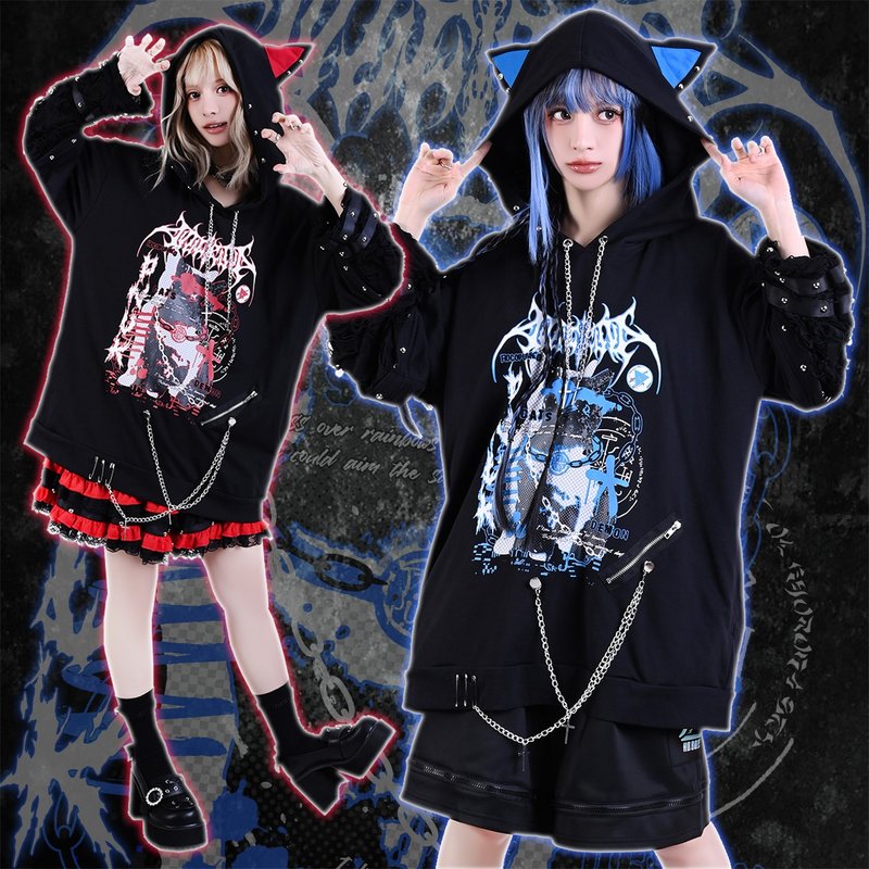 grunge pastel kawaii punk electronic cat removable sleeve ear hoodie JJ2482 - เสื้อฮู้ด - ผ้าฝ้าย/ผ้าลินิน 