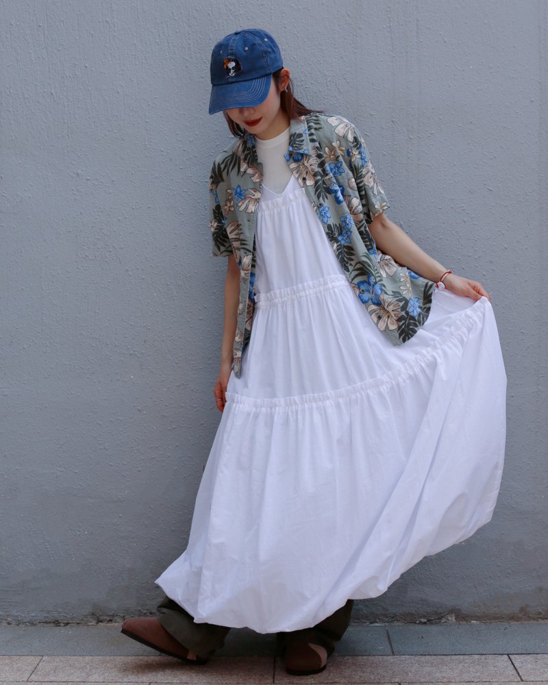 ブルーとホワイトの薄手コットン三段バブルロングスカート - ワンピース - コットン・麻 多色