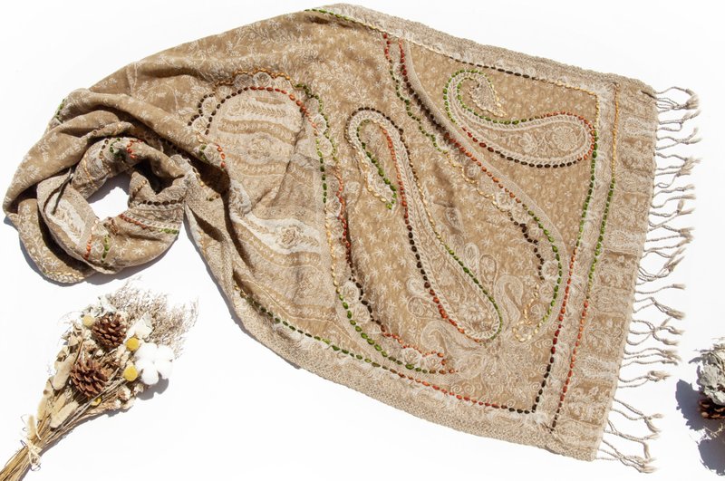 喀什米爾Cashmere/水煮羊毛披肩/針織圍巾/刺繡圍巾/羊絨披巾-花 - 圍巾/披肩 - 羊毛 綠色