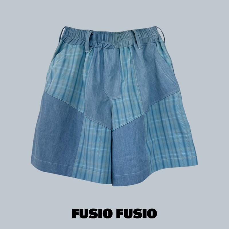 FUSIOFUSIO雙色拼接短褲牛仔格子 - 男短褲/工作短褲 - 棉．麻 藍色