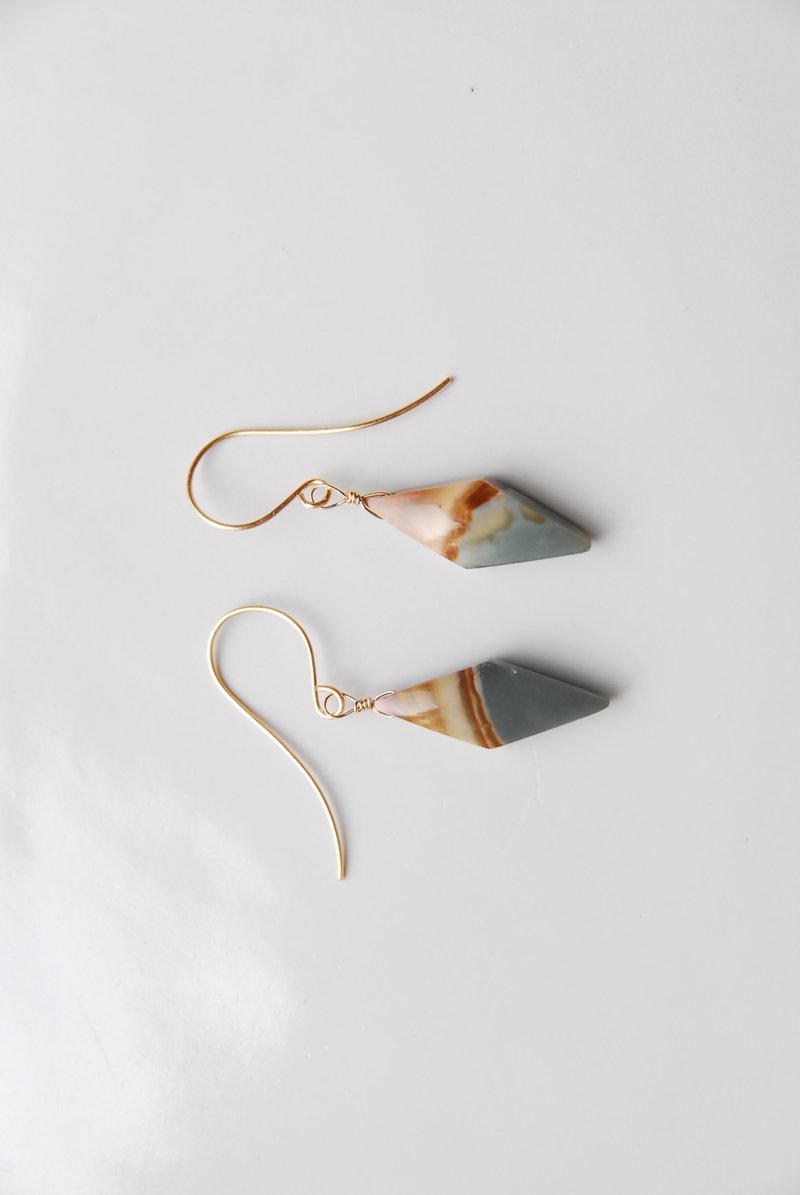 Resale Diamond-shaped polychrome jasper earrings 14kgf - ต่างหู - เครื่องประดับพลอย สีนำ้ตาล