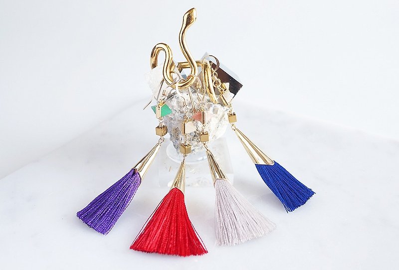 【14 KGF】 Tassel Earrings, - Pyramid Glass & Gemstone - - ต่างหู - โลหะ สีทอง
