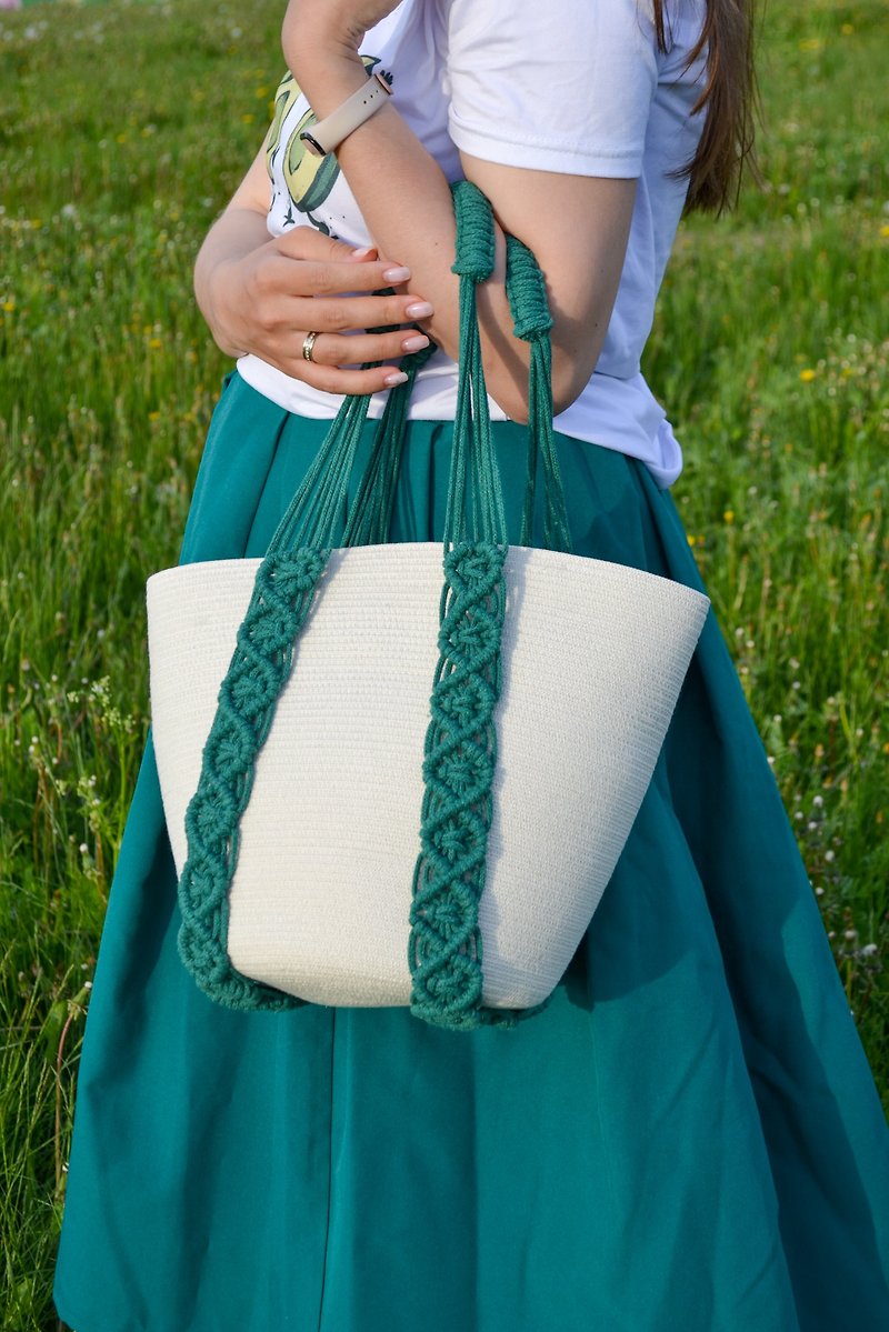 Macrame summer tote bag for women - Handbags & Totes - Eco-Friendly Materials White