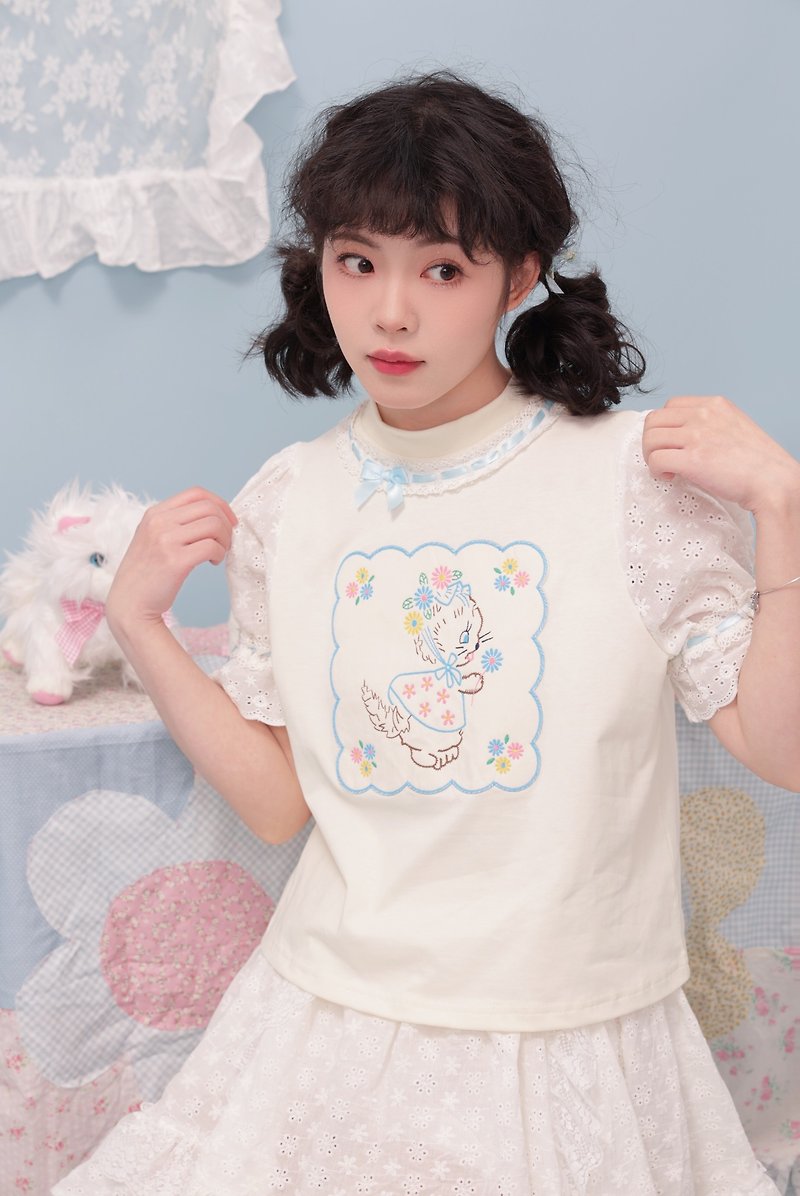 Sweet Girly Remake Antique Handkerchief Kitten Short Sleeve T-Shirt - Women's T-Shirts - Other Materials White