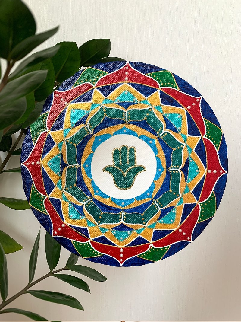 Colorful mandala Hamsa symbol | Sacred geometry art | Hand of Fatima decor - ตกแต่งผนัง - อะคริลิค หลากหลายสี