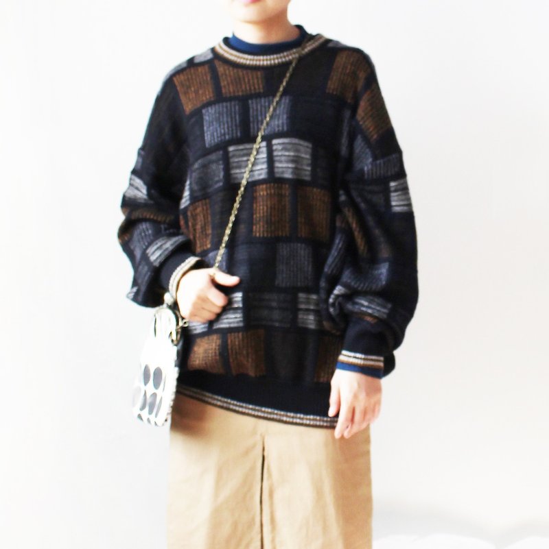 Have combined jiho square coffee color sweater vintage - Men's Sweaters - Polyester Brown