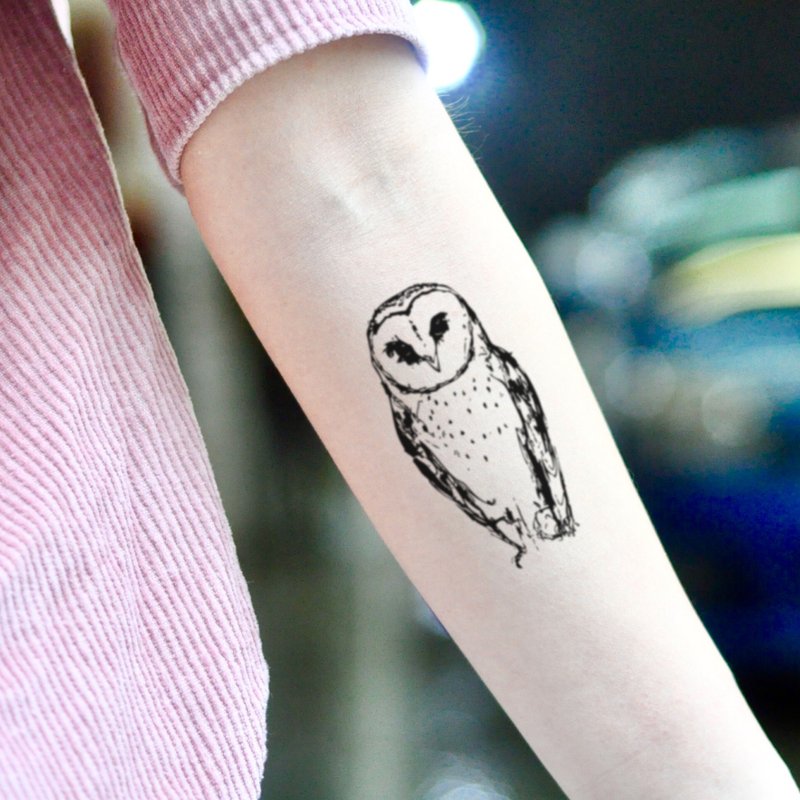 OhMyTat 穀倉貓頭鷹 Barn Owl 刺青圖案紋身貼紙 (2 張) - 紋身貼紙/刺青貼紙 - 紙 黑色