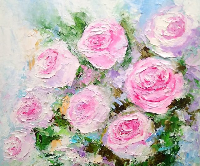 ピンクのバラの花の花束オリジナル油絵花の壁アート厚塗りアートワーク 