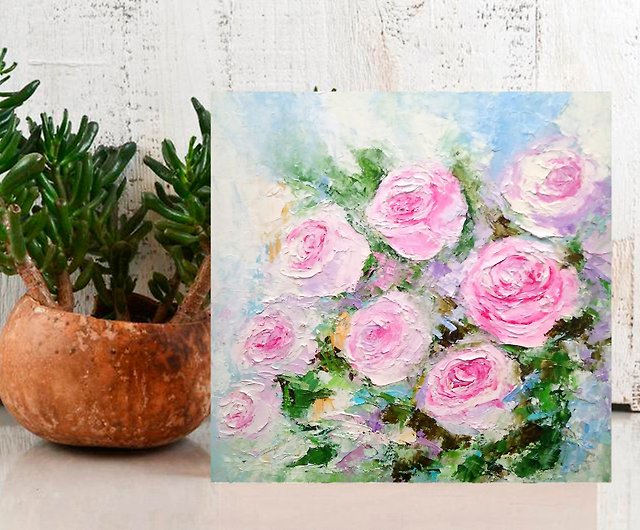 ピンクのバラの花の花束オリジナル油絵花の壁アート厚塗りアートワーク 