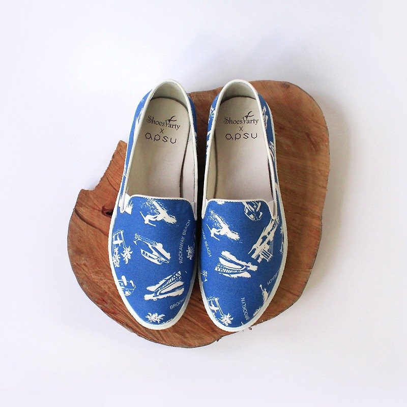 The captain thick-soled casual shoes / handmade custom / Japanese fabric / M2-17004F - รองเท้าบัลเลต์ - ผ้าฝ้าย/ผ้าลินิน สีน้ำเงิน