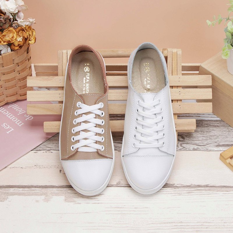 Leather Contrasting Color Versatile Casual Shoes 8053L - รองเท้าลำลองผู้หญิง - หนังแท้ ขาว