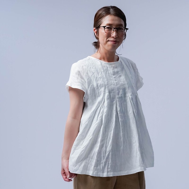 wafu - 亞麻T恤 Lightweight Linen Double-pleated Detailing Top / White t039a-wht1 - Women's Tops - Cotton & Hemp White