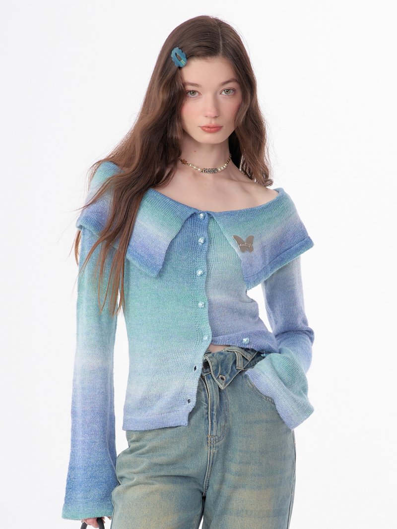 ziziFei autumn and winter retro one-shoulder doll polo collar off-shoulder trumpet sleeve knitted top cardigan jacket for women - สเวตเตอร์ผู้หญิง - วัสดุอื่นๆ สีน้ำเงิน