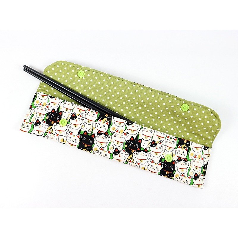 Chopsticks chopsticks sets of utensils Pencil Pouch - Lucky Cat (Green) - ตะเกียบ - ผ้าฝ้าย/ผ้าลินิน สีเขียว