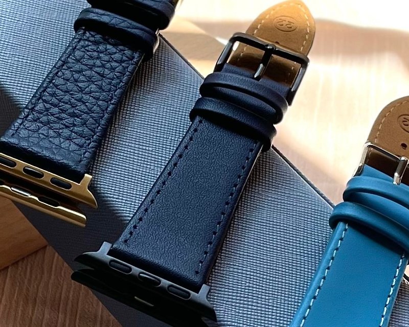 Timeless Apple Watch Handmade Leather Strap Blue Navy Blue Litchi Pattern 42mm 44mm - Watchbands - Genuine Leather Blue