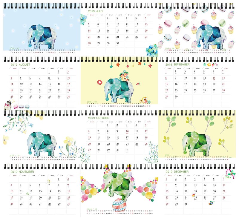 2019デスクカレンダー - 地球を色で包む象 期間限定予約 - カレンダー - 紙 グリーン