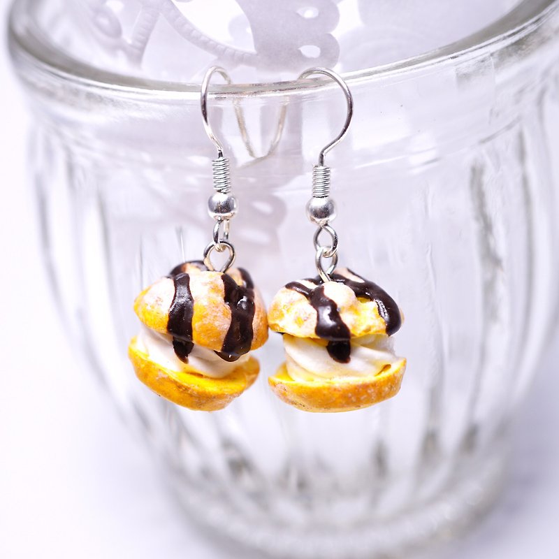 *Playful Design* Cream Puff With Chocolate Sauce Drop Earrings - Earrings & Clip-ons - Clay Khaki
