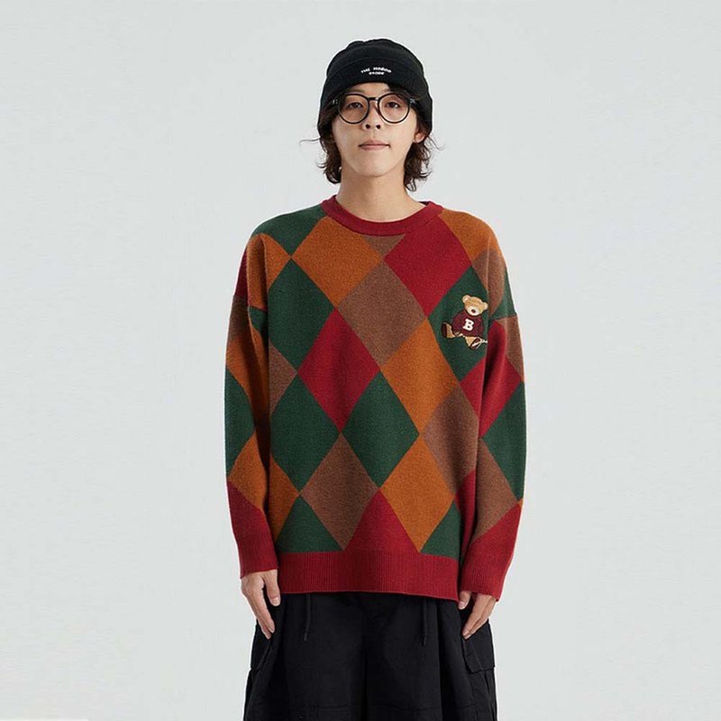 Bear the diamond lattice Christmas knits pullovers couple costume - Men's Sweaters - Polyester Red