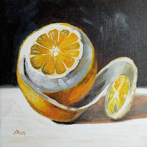 レモンの絵 オリジナル オイル アート 静物画 20 x 20 cm