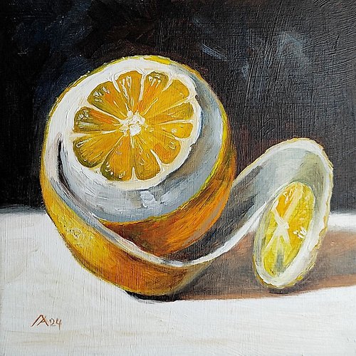 AlbinaBeadArt Lemon painting original oil art still life 20 by 20 cm