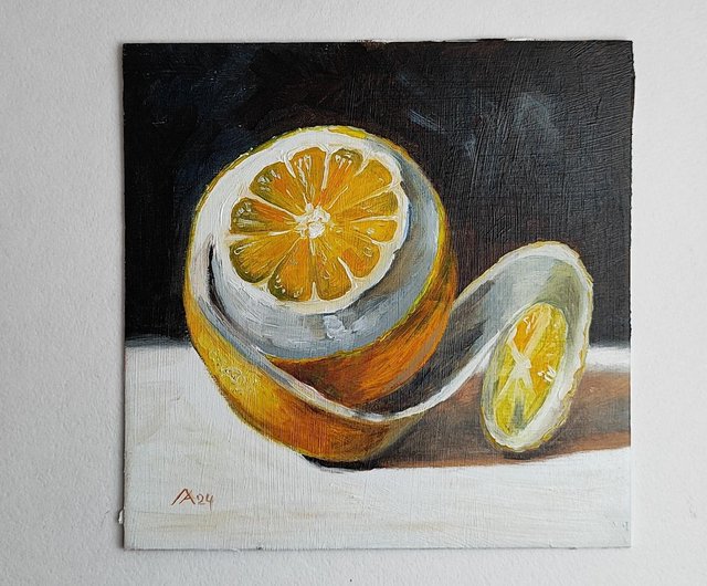 レモンの絵 オリジナル オイル アート 静物画 20 x 20 cm