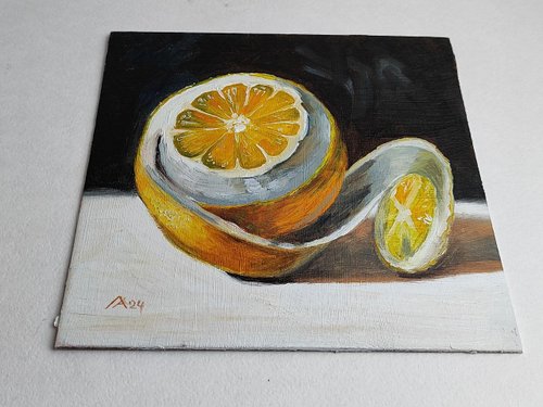 レモンの絵 オリジナル オイル アート 静物画 20 x 20 cm