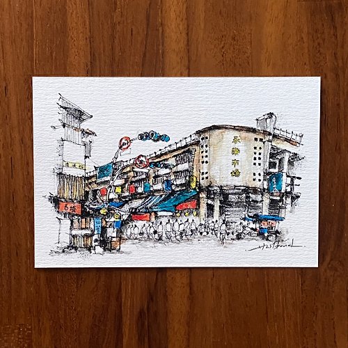武士龐德 枯枝筆速寫 台南景點 永樂市場 水彩 插畫 手繪明信片