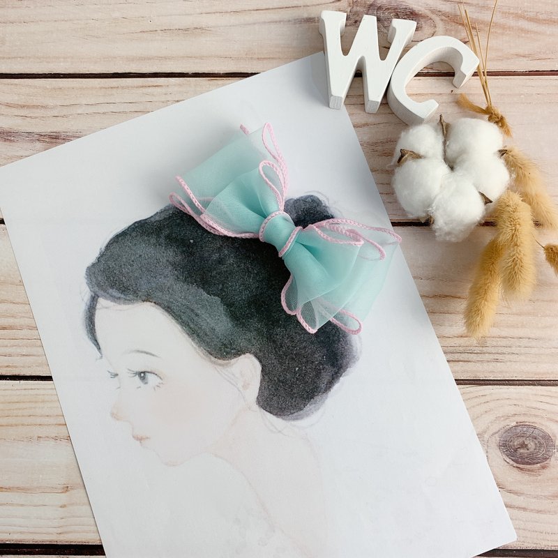 W&C手作  || 咘咘。波妞|| 蒂芬妮藍+嬰兒粉 網紗 大蝴蝶結 髮夾 - 嬰兒手鍊/飾品 - 其他材質 藍色