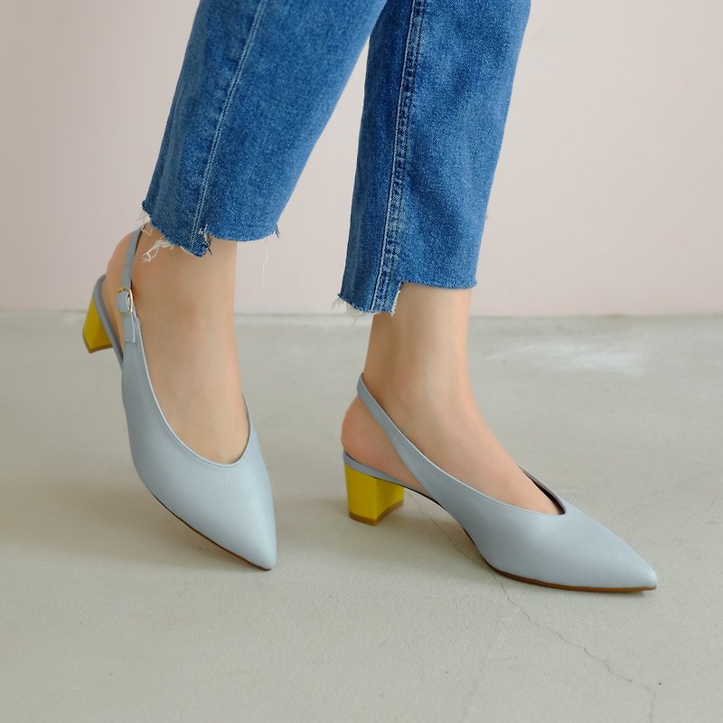 Soft skin-friendly leather! Adjustable proportion U-pointed toe shoes green and yellow contrast color full leather MIT-mint fresh lemon - High Heels - Genuine Leather Blue