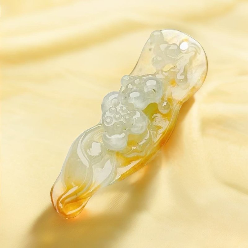 Ice yellow jade with carved lotus | Natural Burmese jade A grade jade | Gift giving - Charms - Jade Orange