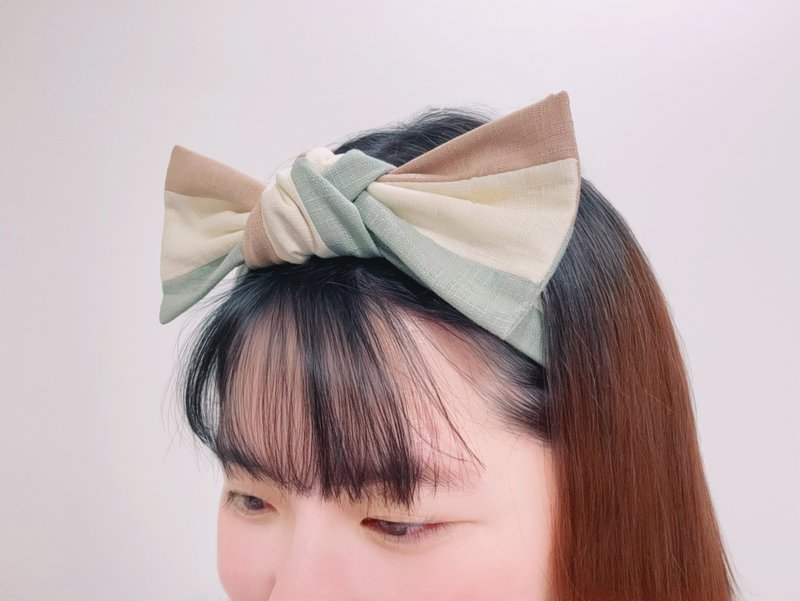 [Skillful Craftsman] Pink and Green Stitched Handmade Bow Headband - ที่คาดผม - ผ้าฝ้าย/ผ้าลินิน หลากหลายสี