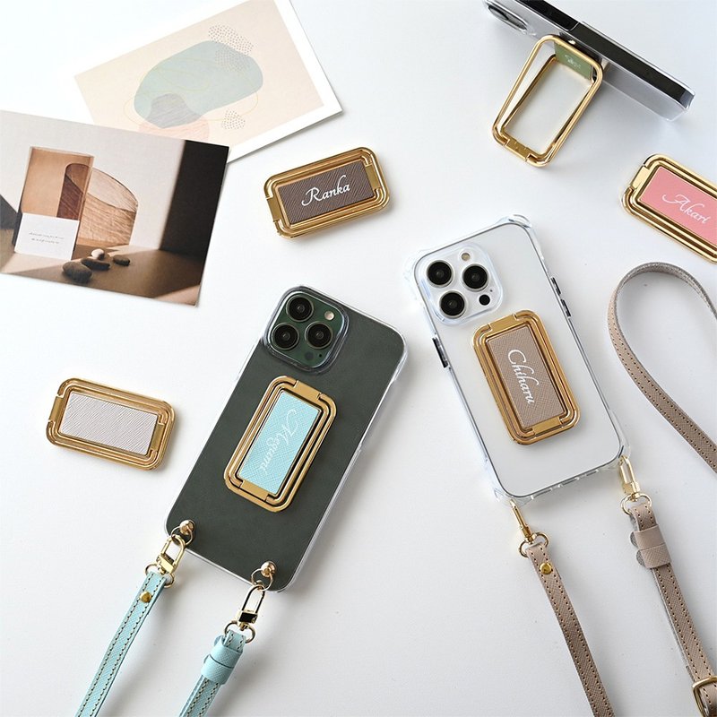 Multifunctional ring with clear case, name engraved [Saffiano leather -Classic-] Smartphone shoulder strap holder with strap, compatible with vertical videos FM02A - เคส/ซองมือถือ - หนังแท้ สีน้ำเงิน