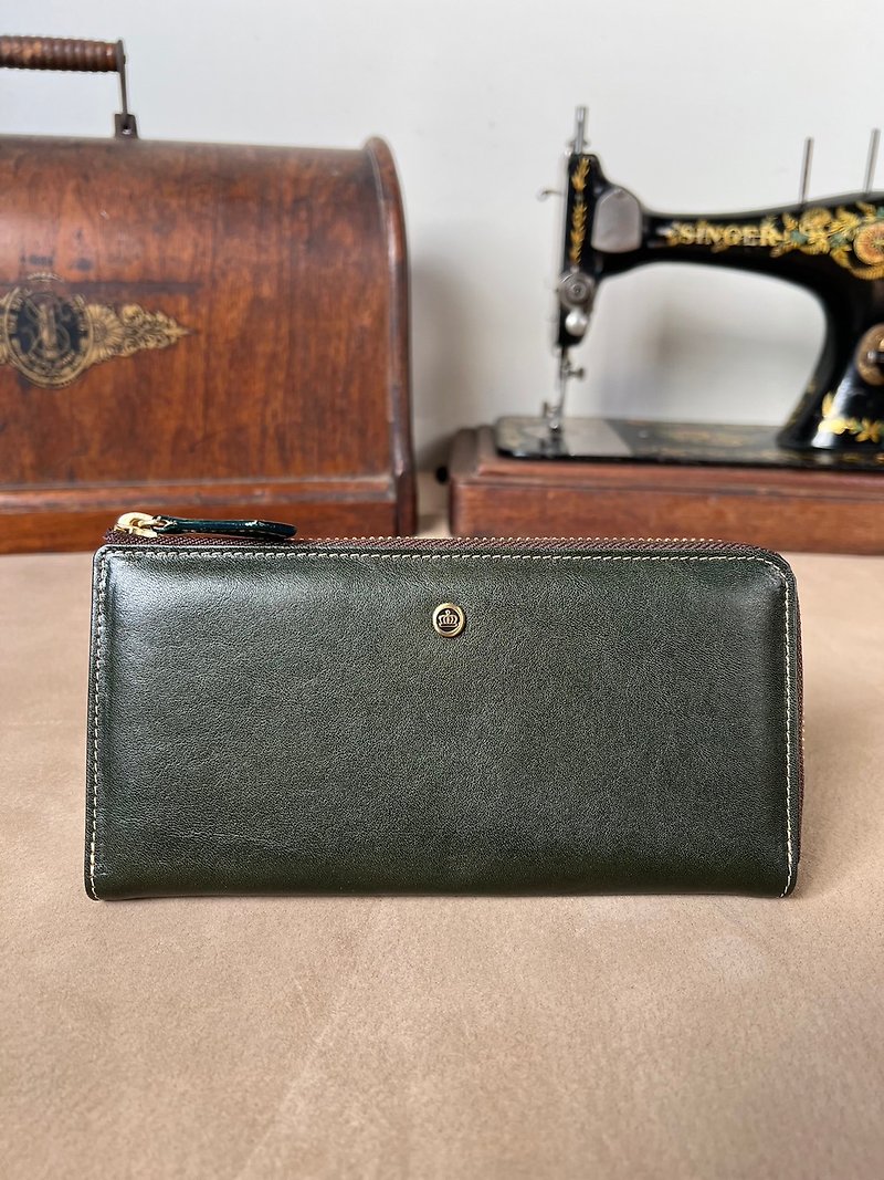 Italian vegetable tanned leather L-shaped zipper long clip limited color-Forest Green - Wallets - Genuine Leather 